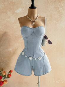 Soleia Bộ áo liền quần denim thời trang thường ngày dành cho nữ - Màu xanh lam - Xem 3