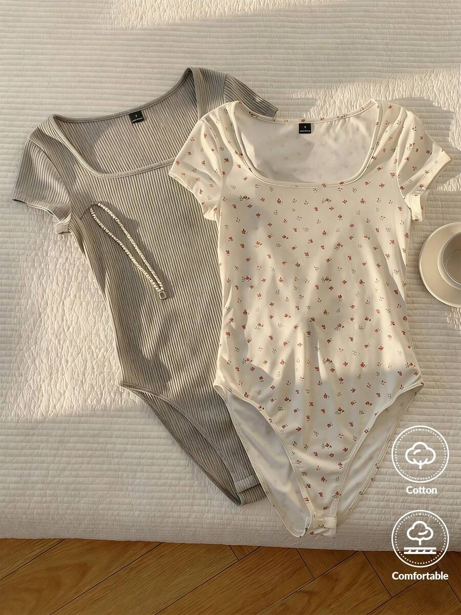 CovetEZ 2 Pcs Women's Casual Square Neck Short Sleeve Bodysuit Square Neck Bodysuit Floral Print Bodysuit Casual Bodysuit Ribbed Bodysuit - Multicolor - View 1