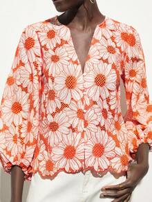 Aveloria Modichic New Winter V-Neck Romantic Random Daisy Embroidery Elegant Hem Lace Hollow Blouse - Orange - View 1
