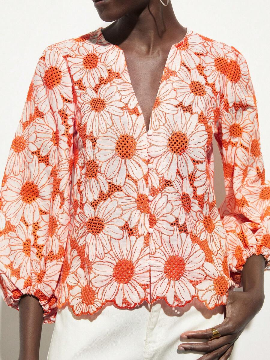 Aveloria Modichic New Winter V-Neck Romantic Random Daisy Embroidery Elegant Hem Lace Hollow Blouse - Orange - View 1