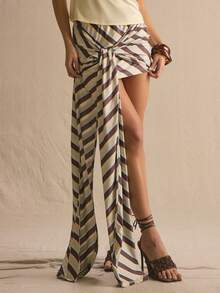 MUSERA 裹身式拼接细节条纹印花迷你裙，春夏舒适可爱日常少女风度假阳光社交装扮 - 彩色 - 查看 3