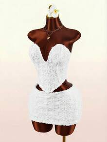 Amplova Bộ 2 món: Áo croptop quây và chân váy cạp siêu thấp bằng vải jacquard. - trắng - Xem 9