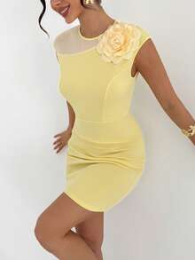 RiviMae Women's Sexy Elegant Floral Print Bodycon Midi Dress, Cream Yellow, Spring/Summer - Yellow - View 1