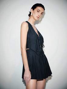 Lumivelle Women's 2-Piece Set, Denim Style Deep V-Neck Cropped Camisole With Tie Strap And A-Line Pleated Mini Skirt, Casual Street Chic Fashion For Daily, Holiday - Dark Green - View 3