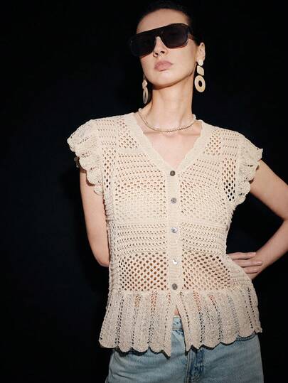 SHEIN Luminelle Women's French V-Neck Sleeveless Layered Jacquard Mesh Knit Cardigan