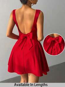 SHEIN Tall CURVE 大码女式纯色方领收腰无袖优雅连衣裙 - 紅色 - 查看 1