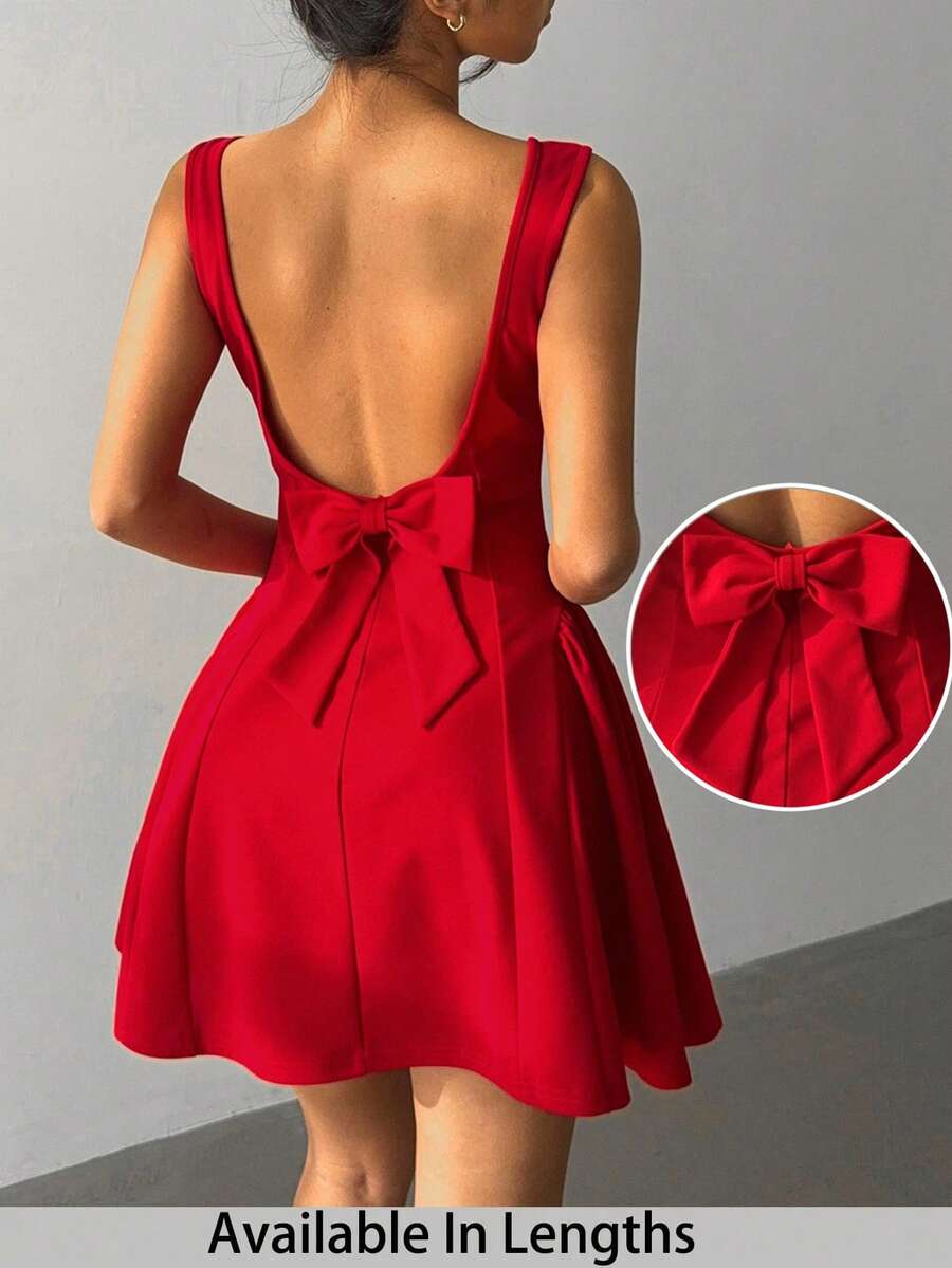 SHEIN Tall CURVE 大码女式纯色方领收腰无袖优雅连衣裙 - 紅色 - 查看 1