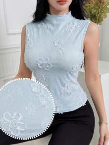Feyla Áo tank top nữ thanh lịch cổ đứng thêu họa tiết, kiểu dáng ôm sát, thích hợp cho kỳ nghỉ hè. - Màu xanh lam - Xem 2