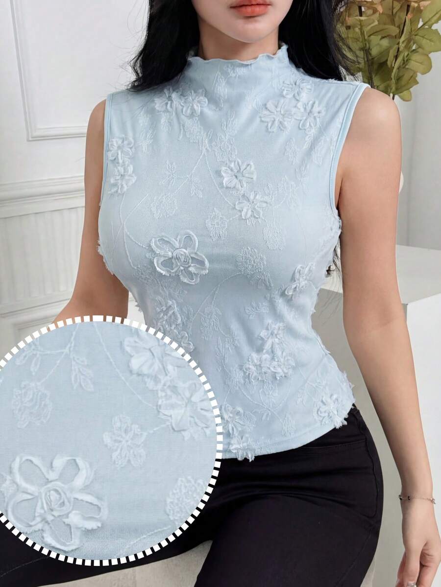 Feyla Áo tank top nữ thanh lịch cổ đứng thêu họa tiết, kiểu dáng ôm sát, thích hợp cho kỳ nghỉ hè.