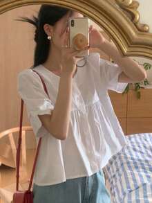 DAZY Women Solid Color Short Sleeve Shirt, Business Casual Summer,Ruffle - White - View 8