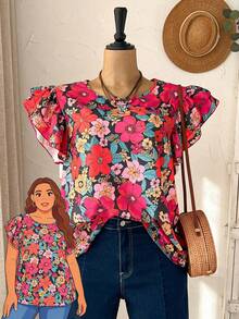 Rusticease Plus Size Women Floral Print Round Neck Ruffle Sleeve Loose Blouse For Summer/Flower/ Vacation Summer Top Summer Summer Spring Spring Women Spring Country Style For Women - Multicolor - View 3