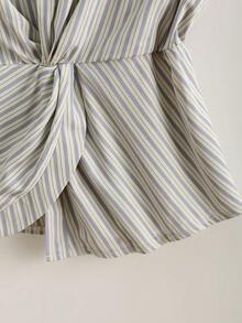 SHEIN Franclia 女士春夏通勤及度假休闲舒适外套，条纹翻领扭结无袖衬衫 - 彩色 - 查看 3