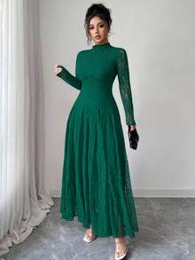 Modelyn 法式高领蕾丝收腰连衣裙（女款） - 墨綠色 - 查看 4