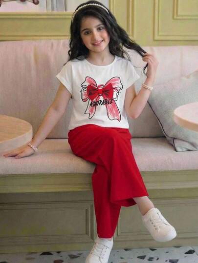 SHEIN Tween Girls' Casual Vacation Butterfly Decor Cartoon Butterfly Print Loose Drop Shoulder Crew Neck Pullover T-Shirt And Loose Pants Set, Red