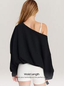 GLOWMODE SoftSerene Modal Own Your Flow Soft Silky-Smooth Breathable Waist Length Adjustable Drawstring Hem One-Shoulder Pullover Sweatshirt Daily Casual Wear - Black - View 2