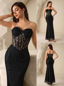 Coutiva Vestido de noche de lujo, vestido formal de alta gama, vestido elegante y chic - Negro - Ver 1