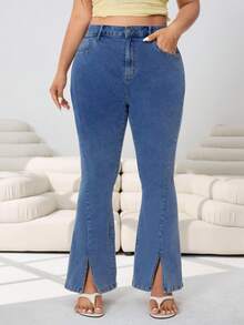 Spring/Summer New Versatile Casual Denim Jeans, Suitable For Outings, Parties, Music Festivals, Back To School, Graduation, Commuting, Vacations, Streetwear, Weddings, Home Leisure, Shopping, City Walks And Multiple Occasions. High-Stretch Washed Blue, Slit, Skinny Flare, Plus Size - Baby Blue - View 4