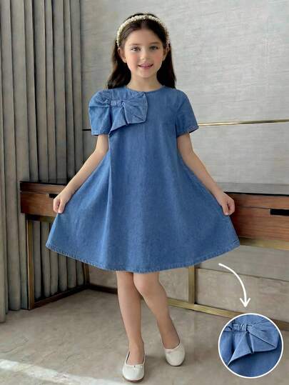 Tween Girls' Solid Color Pleated Bow Short Sleeve High-End Fashion T-Shirt Dress, Elegant For Commuting,Modest Dress Long Modest Dresses For Girls And Ladies Teen Modest Dress,Suitable For Spring And Summer,Season Vintage//Beach/Sea/Elegant Graduation Outfit,Casual Women's Jumpsuit,Summer Holiday Outfits ,Spring Clothes Outfit,Beach Outfits For Women,Vacation Outfits Women,Valentine's Day Outfit