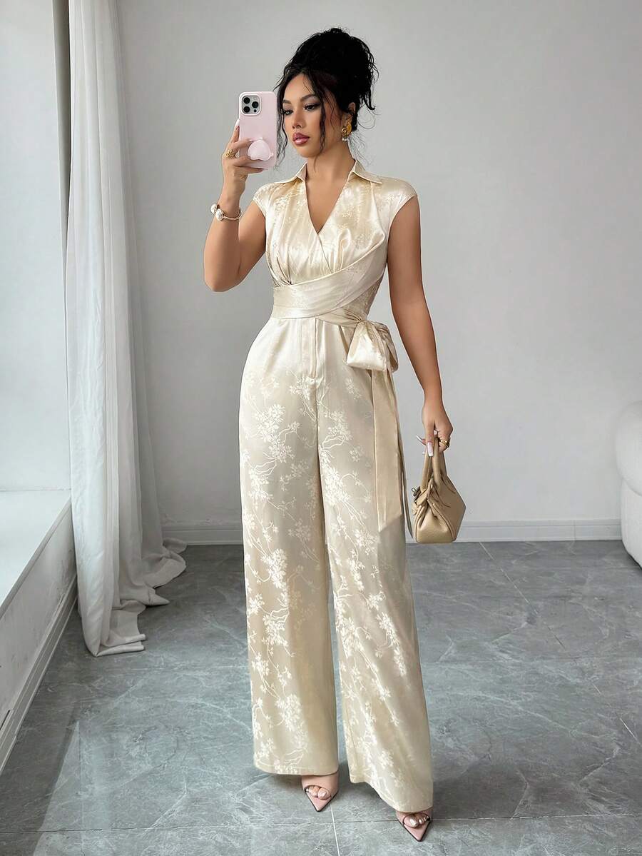 Elenzga Bộ áo liền quần mùa hè dành cho nữ, chất liệu jacquard, cổ chữ V, không tay, thắt eo, mở phía trước, màu sâm panh. - Rượu sâm banh - Xem 1