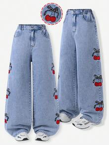 Genkimix Kids Teen Girls Blue Summer Cute Jeans,High-Waisted Wide Leg Baggy Denim Pants With Cherry Embroidery,Y2K Casual Holiday Back-To-School Retro Street Style - Light Wash - View 4