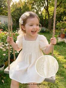Cozy Pixies Baby Girl Cream White,Summer,Elegant,Baby Shower Vintage Style Puff Sleeve Dress,Solid Round Neck Cinched Waist Tea Party Outfit Ivory Casual Dress - Multicolor - View 4