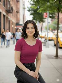 PLAYERA BASICA PARA MUJER. CAMISETA DE LICRA PARA DAMA - Rosa Fucsia - Ver 3
