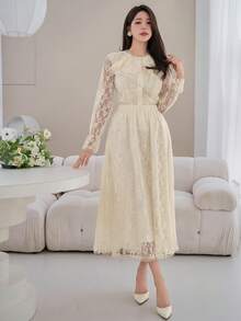 DAZY 女士优雅花卉蕾丝上衣和半裙两件套，春夏款，婚礼宾客礼服 - 杏色 - 查看 5