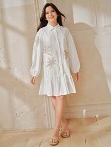 Anewsta Girls' Spring/Summer Casual White Embroidered Shirt Dress, Lantern Elastic Waist Embroidered Girls' Dress - White - View 4