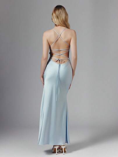 OverBlushhh Vestido largo de satén azul claro para mujer con espalda descubierta, cordones, abertura alta, para dama de honor, invitada de boda, baile de graduación, evento formal, cóctel, cita, cumpleaños, con tirantes ajustables, para primavera y verano