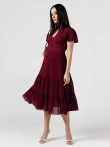 OverBlushhh Áo kiểu nữ màu đỏ tía bằng vải chiffon, cổ cao, tay bồng, thanh lịch. - Màu Đỏ Sâu - Xem 4