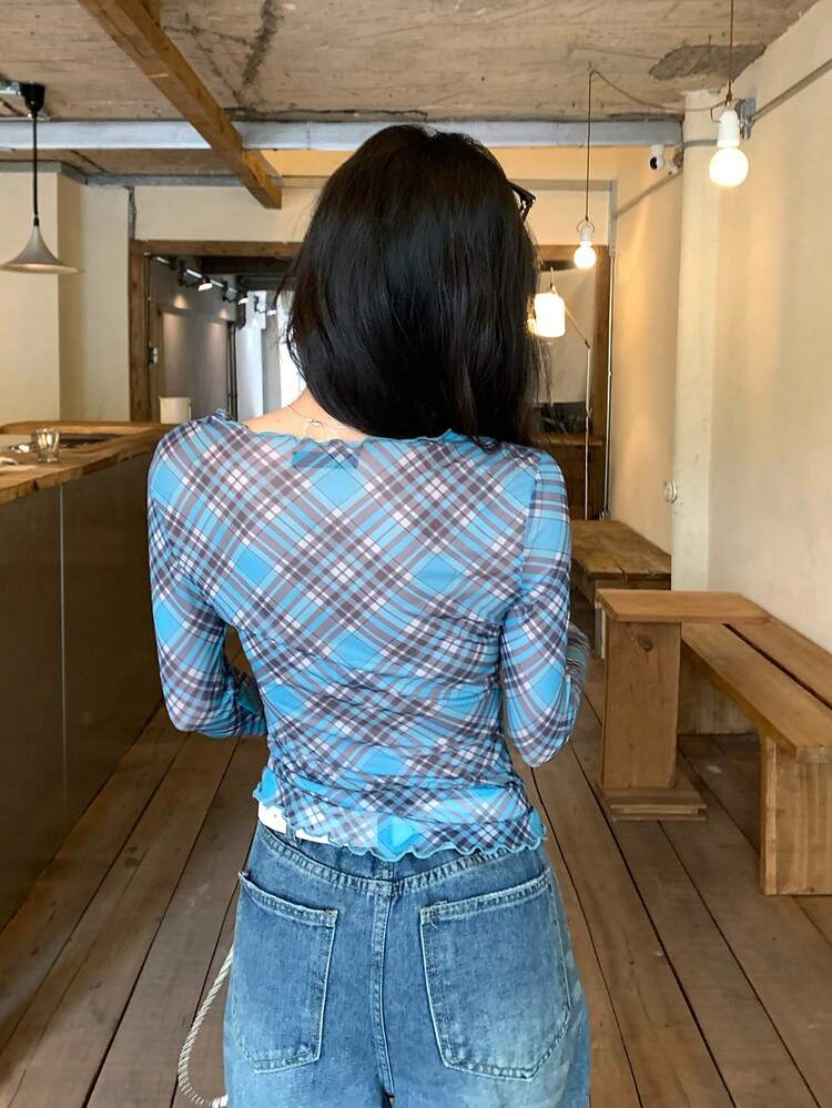 Spring & Summer Contrast Color Patchwork Plaid Casual Street Style Business Office Wear Women Short Sleeve T-Shirt