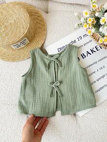 SHEIN Blusa sin espalda con lazo, de tela texturizada y corte evasé, para niña, estilo casual, para primavera y verano - Verde - Ver 1