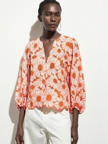 Aveloria Modichic New Winter V-Neck Romantic Random Daisy Embroidery Elegant Hem Lace Hollow Blouse - Orange - View 3