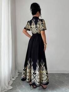 Elenzga 女士优雅印花翻领连衣裙 - 彩色 - 查看 2