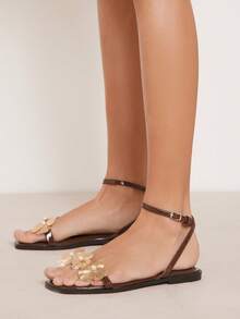 Solezae Sandal đế bằng quai ngang mắt cá chân họa tiết hoa, thời trang và thoải mái dành cho nữ. - Màu nâu Sô-cô-la - Xem 2