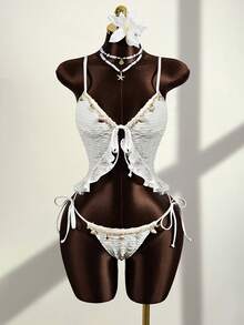 Zestiva 2pcs Women's Bikini Set: Spaghetti Strap Crop Top + Bottoms, Sexy Beach Party Swimwear, Spring/Summer, Mature Fashionable Retro Romantic Elegant, Spaghetti Strap Knotted Front Design, White Wavy High-Quality Fabric, Bohemian Beach Club Style - White - View 3