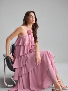 Ontre 2026春夏女士粉色3D立体花卉吊带连衣裙，现代优雅婚礼宾客装扮，简约浪漫法式奢华风，都市时尚商务休闲办公装，低调复古高端感，高品质机场/邮轮装扮，中东必备单品，百搭季节连衣裙，婚礼系列，通勤连衣裙，母亲节连衣裙，沙滩连衣裙，毕业礼服，荷叶边下摆连衣裙 - 粉色 - 查看 7