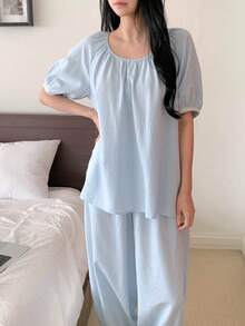 DAZY Bộ đồ ngủ nữ dáng rộng, tay bồng nhẹ nhàng, thoáng mát, thích hợp cho mùa hè. - Màu xanh lam - Xem 5