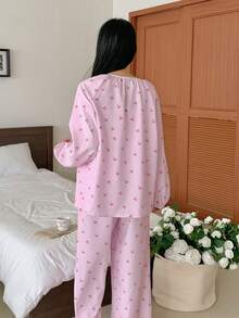 DAZY 3pcs/Set Sweet Cherry Striped Print Cardigan Top, Camisole And Pants Women Pajama Set - Pink - View 2