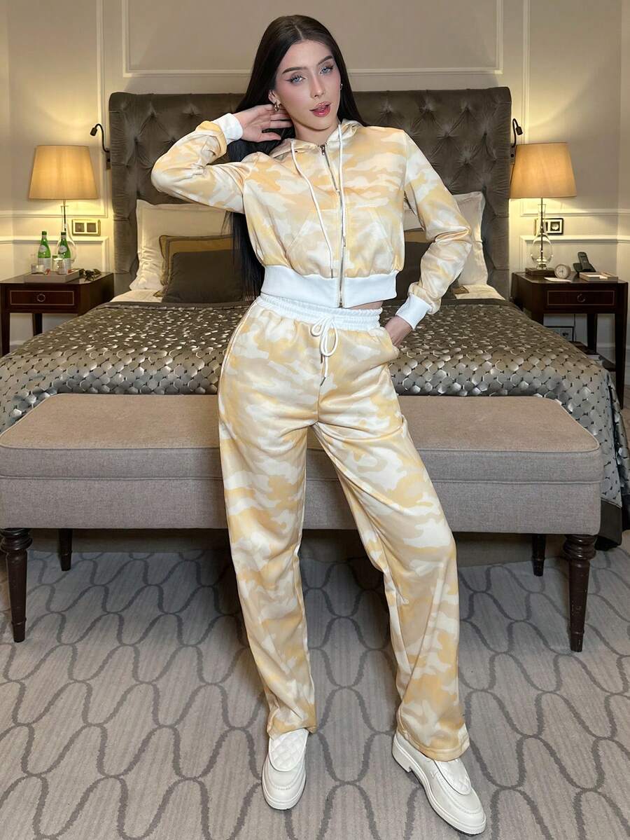 hhfernanda 2 件套女式运动衫和裤子套装，黄色渐变印花长袖上衣和裤子 - 彩色 - 查看 1