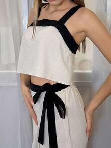 Aless PB Linen 2pcs/Set Women , Contrast Color Edges, Ruffled Bow Strap Vest Top And Loose Wrap Culottes, Loose And Casual, Suitable For Daily Wear, Texture Minimalist Commuter/ Office Outfit  Summer Sets,For Daily Wear,French Holiday Outfits Summer Sets 4th Of July Graduation Outfit Holiday Outfits Western Wear Women - Multicolor - View 6