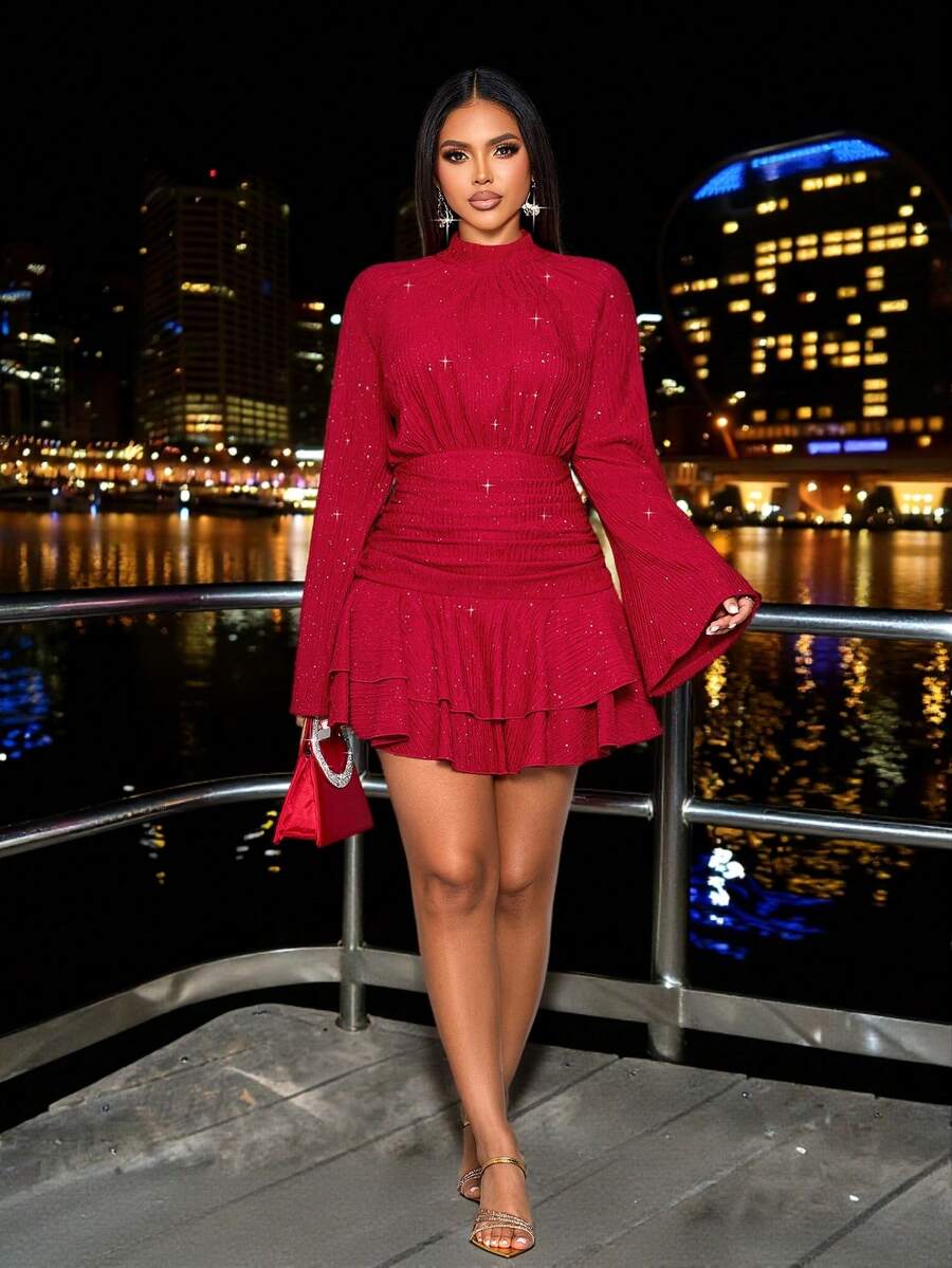 SOLERSUN Váy dự tiệc nữ thu đông thanh lịch cho ngày lễ tình nhân, vải dệt kim họa tiết kim sa màu đỏ lấp lánh, cổ cao, tay chuông, xếp ly hông, viền nhún đôi - Đỏ - Xem 1