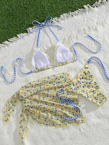 Swim Mod Đầm chiffon xếp ly quyến rũ họa tiết hoa caro đính ngọc trai, kiểu dáng dự tiệc âm nhạc bãi biển dành cho nữ, cổ yếm buộc dây phía sau, bộ bikini ba mảnh. - Nhiều màu - Xem 2