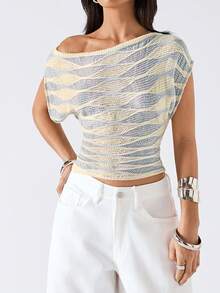 LYSMO 2026新款极简主义春夏女式休闲浅黄灰不对称领撞色针织上衣，春夏外出度假海滩风上衣 - 鵝黃色 - 查看 4