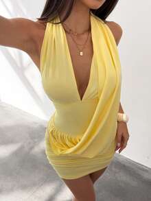 Bluhae Women's Solid Color Deep V Neck Ruched Sexy Halter Mini Dress - Yellow - View 1