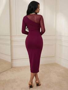 Anewsta Elegant One-Shoulder Mesh Rhinestone Splice Slit Fitted Maxi Dress, Burgundy Red For Evening Party - Burgundy - View 6