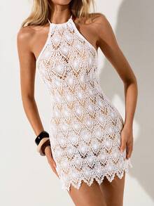 SHEIN ICON Women's Hollow Out Design Sexy Bodycon Halter Mini Dress - White - View 7