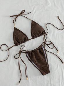 Swim Vcay Bộ bikini 2 mảnh thanh lịch, màu trơn, chất liệu vải có họa tiết, điểm xuyết những hạt ngọc trai không đều, thích hợp cho kỳ nghỉ hè. - Cà phê nâu - Xem 1