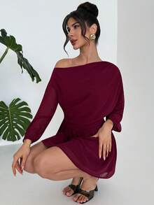 Firerie Women's Burgundy Elegant Autumn Chiffon Mini Dress,Asymmetrical Shoulder Ruffle Waist A-Line Off Shoulder Dress For Wedding Guest,Dinner Date,Party - Burgundy - View 2