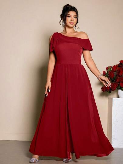 Cravure Plus Size Women's Solid Color Minimalist Off-Shoulder French Jumpsuit, Suitable For Bow Club Party, Spring Dress, Elegant Maxi Backless Wedding Guest Dress